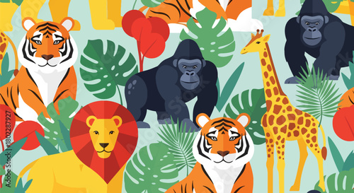 Flat vector seamless jungle safari pattern with lions, giraffes, monkeys, and leaves in vivid warm tones. Ideal for kids’ bedding, fabrics, wallpapers, and playful wild themes