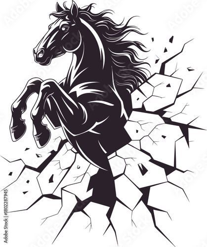 Engraving Illustration of Horse Breaking Through Wall on Transparent Backdrop