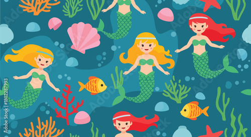 Flat vector seamless mermaid pattern with seashells, coral reefs, fish, and underwater elements in vivid colors. Ideal for girls’ décor, swimwear, fabrics, and magical themes