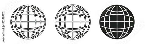 Globe Grid World Icons Outline Globes, Solid Planet Symbols, Three Positions