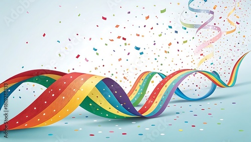 Rainbow Ribbon with Flying Confetti on a Light Background