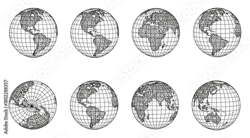 Globe Grid Map Projection Set Isolated on White Background Earth Geography