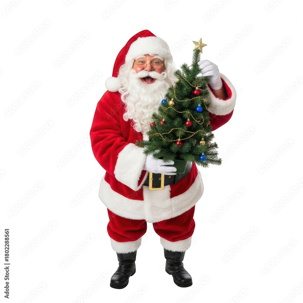 Fototapeta premium Cheerful Santa Claus holding a decorated Christmas tree and smiling warmly