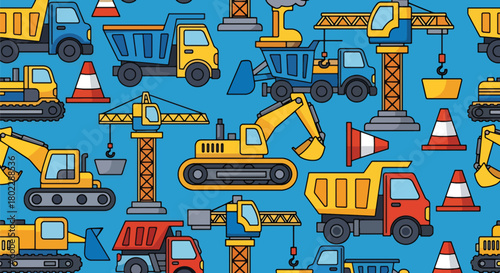Flat vector seamless pattern with excavators, trucks, cranes, cones, and signs in vivid bold colors. Ideal for boys’ clothing, wallpapers, bedding, and construction themes