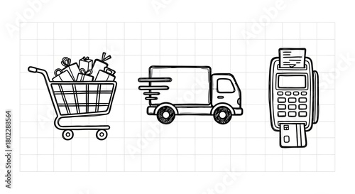 Hand-drawn shopping cart, delivery truck, and payment terminal icons on grid