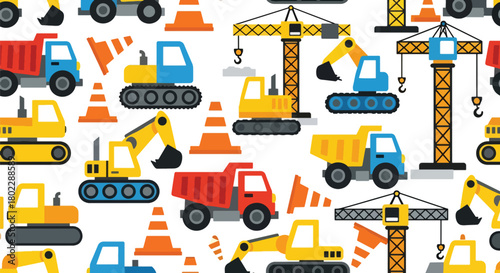 Flat vector seamless pattern with excavators, trucks, cranes, cones, and signs in vivid bold colors. Ideal for boys’ clothing, wallpapers, bedding, and construction themes