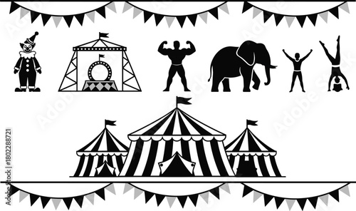 Vector illustration of circus tent, clown, elephant performer, strongman, acrobat celebrity, festival entertainment show, flags, carnival theme, silhouette icon set, whimsical celebration design