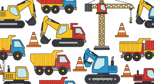 Flat vector seamless pattern with excavators, trucks, cranes, cones, and signs in vivid bold colors. Ideal for boys’ clothing, wallpapers, bedding, and construction themes