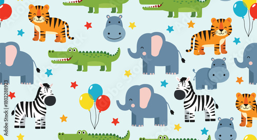 Flat vector seamless kids pattern with baby elephants, zebras, and hippos, decorated with balloons and stars. Ideal for nursery wallpapers, baby clothing, and playful décor