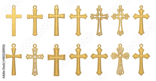 Golden Christian Crosses Collection Religious Pendant Ornaments on White Background