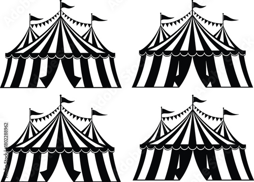 Vector illustration of classic circus tent icon set, striped festival big top silhouette, carnival marquee flags, black and white decoration, celebration theme, entertainment event, creative pattern