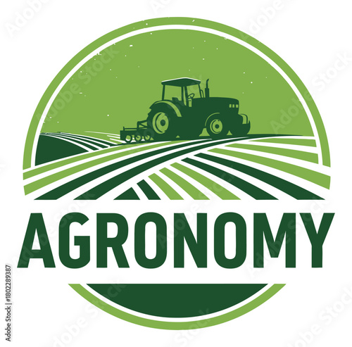 Green Agronomy with Tractor Silhouette on Field in Circular Badge Design