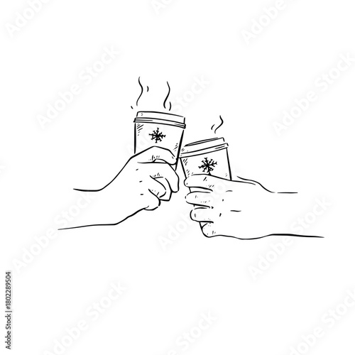 Recyclable coffee cups takeaway cheers with Christmas winter snowflake decoration and steam.