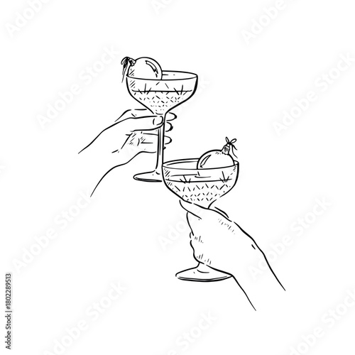 Crystal champagne glasses with champagne and a bauble in each. Cheers illustration hand drawn.