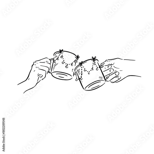 A festive cheers with metal mugs and baubles.