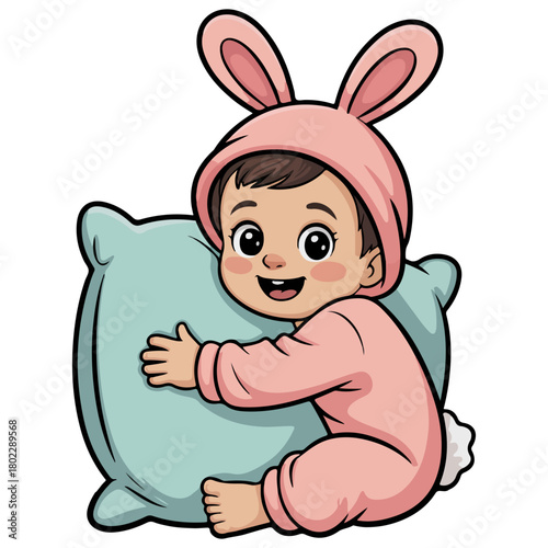 A cute baby in a bunny costume cuddling a pillow