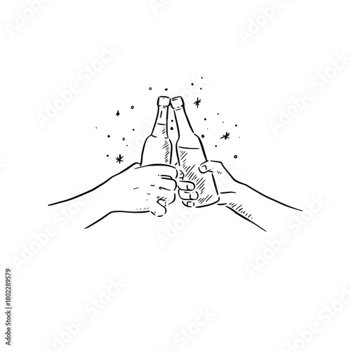 Cheers hands holding bottles of beer. Hand drawn illustration.