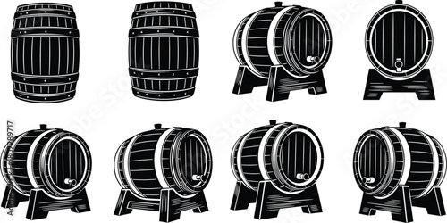 Vector illustration of wooden barrels beer cask wine keg set, classic aging storage container, tap spigot stand, black silhouette vintage element, brewery distillery, rustic design, flat graphic icon 