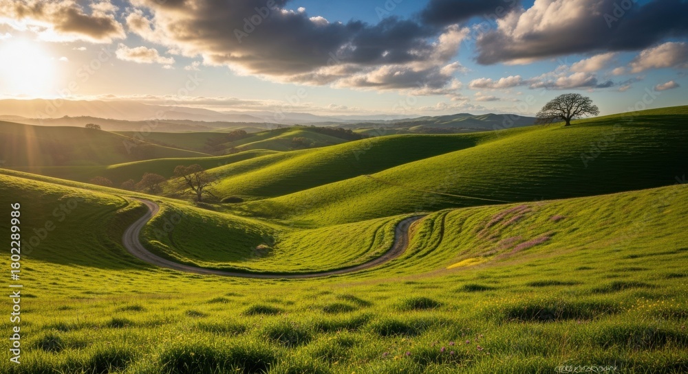 Obraz premium Golden Hour Sunlight Over Rolling Green Hills Landscape with Winding Road and Solitary Tree