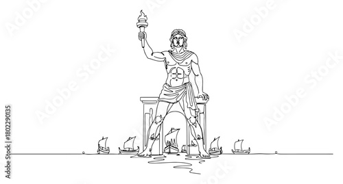Single continuous line drawing of Colossus of Rhodes Ancient Greece historical landmark one line art vector illustration