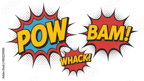 Comic speech bubbles with halftone shadows vector illustration of cartoon sound effects like Pow Bam and Whack isolated on white background