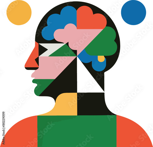 Abstract geometric human head profile with colorful shapes silhouette
