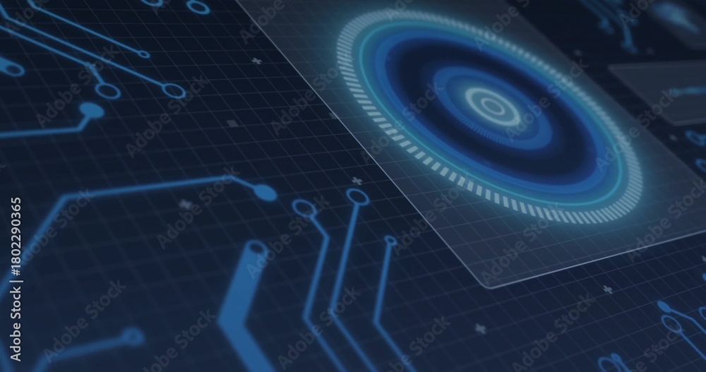 Fototapeta premium Showing translucent panel with concentric hologram on right of grid with neon traces, copy space