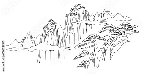 Traditional Chinese mountain and water landscape Continuous one line drawing Asian nature scene with pine trees minimalist vector illustration