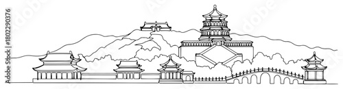 Summer Palace in Beijing China Continuous one line drawing Famous Chinese landmark and ancient architecture minimalist vector illustration