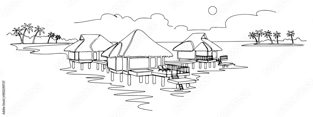 Fototapeta premium Tropical paradise with overwater bungalows one continuous line drawing. Bora Bora island resort minimalist vector art.