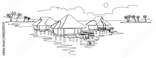 Tropical paradise with overwater bungalows one continuous line drawing. Bora Bora island resort minimalist vector art.