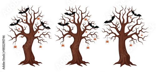 Halloween trees with bats and spider decorations over white