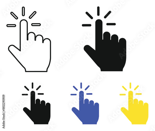 Hand Gesture Cursor Clicks in Black, Outline, Blue, Yellow Colors with Transparent Background