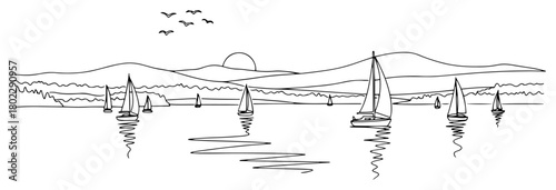 Sailboats on the sea at sunset Continuous one line drawing Scenic seascape with yachts and mountains minimalist vector illustration