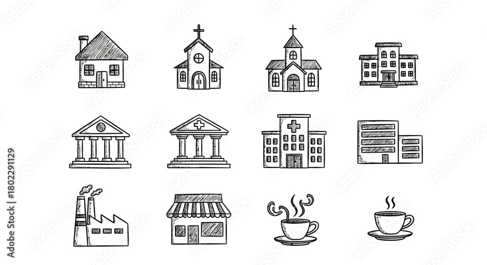 Fototapeta premium Hand drawn building icons set featuring churches, hospitals, and coffee cups
