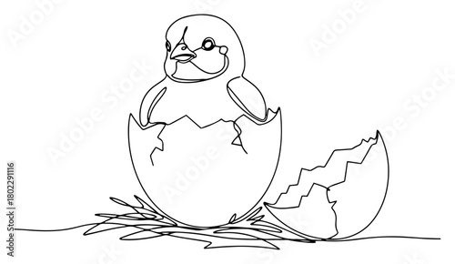 Cute chick hatching from an egg continuous one line drawing Vector illustration of a newborn baby bird for Easter or new life concept