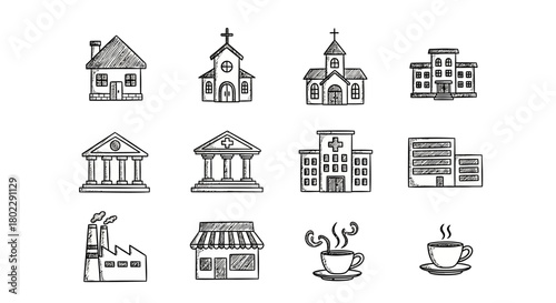 Hand drawn building icons set featuring churches, hospitals, and coffee cups