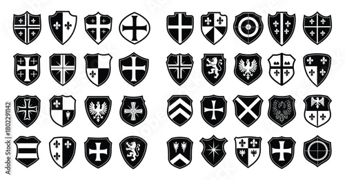 Heraldic Shield Collection Medieval Coat of Arms Symbols Icons in Black and White Style