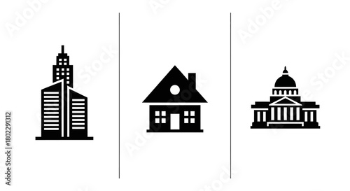 Minimalist black cityscape icons featuring skyscraper, house, and capitol building