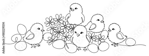 One continuous line drawing of cute little chicks with Easter eggs and flowers Spring holiday concept in minimalist one line art style vector illustration