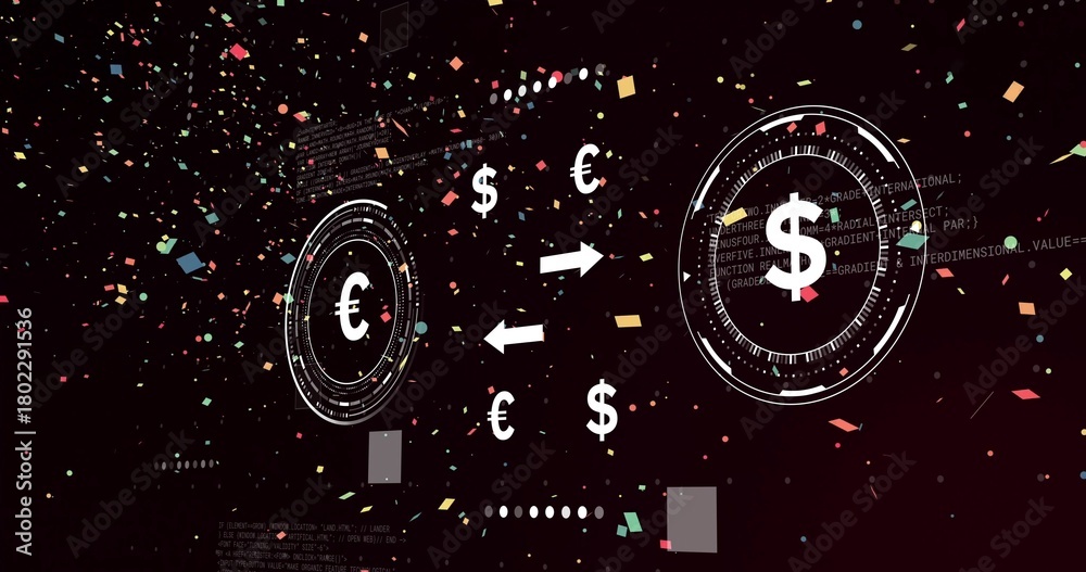 Obraz premium Displaying central euro and dollar HUDs exchanging arrows in dark interface with particles and code