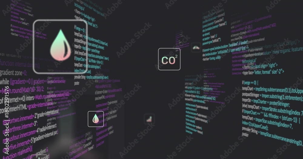 Naklejka premium Floating cluster showing code panels and UI cards in virtual space, featuring droplet CO2 card