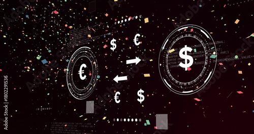 Displaying central euro and dollar HUDs exchanging arrows in dark interface with particles and code