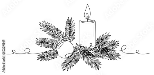 Christmas candle and bauble with fir branch Continuous one line drawing Winter holiday decoration minimalist vector illustration