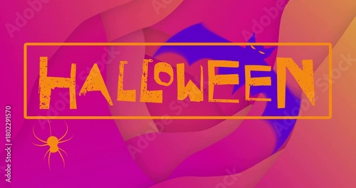 Showing centered Halloween banner on gradient backdrop, with orange frame, grungy HALLOWEEN, spider