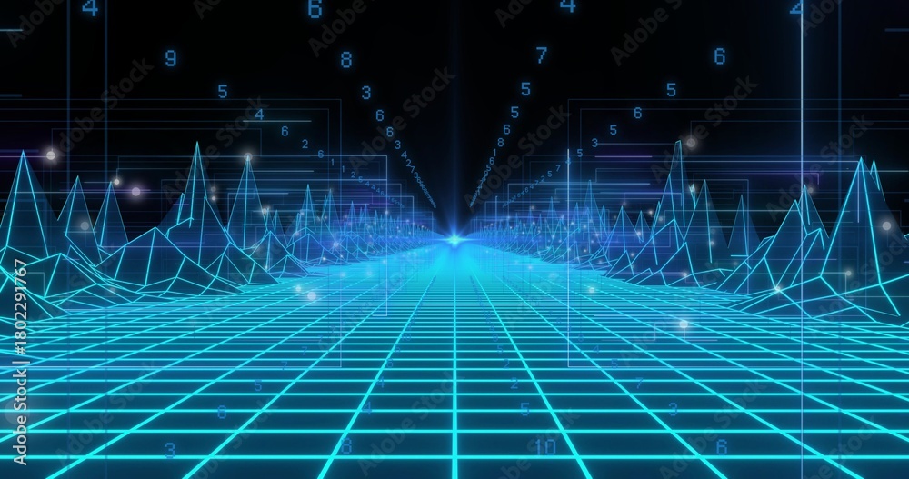 Obraz premium Glowing neon-cyan grid receding to horizon in digital void with wireframe peaks, numeric glyphs