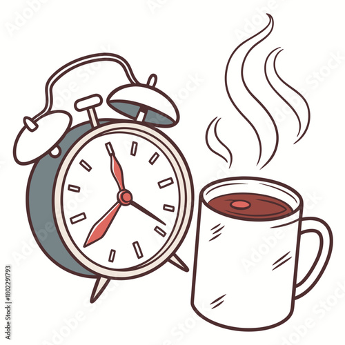 Alarm Clock and Steaming Coffee Cup background beside