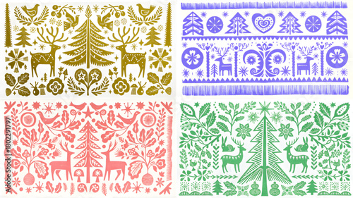 Four colorful folk art patterns featuring deer trees birds and floral elements in a square arrangement