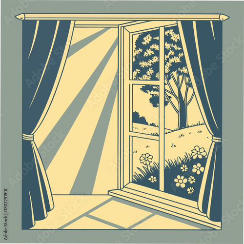 Open window with curtains showing a sunny garden with flowers and a tree view
