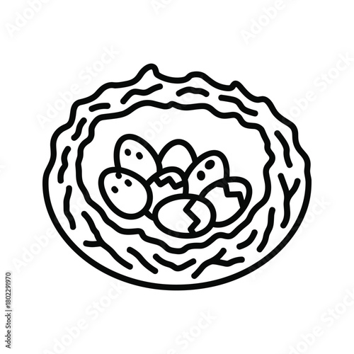 Bird's nest with newly hatched and intact eggs, symbolizing new life and springtime in a simple line art icon.